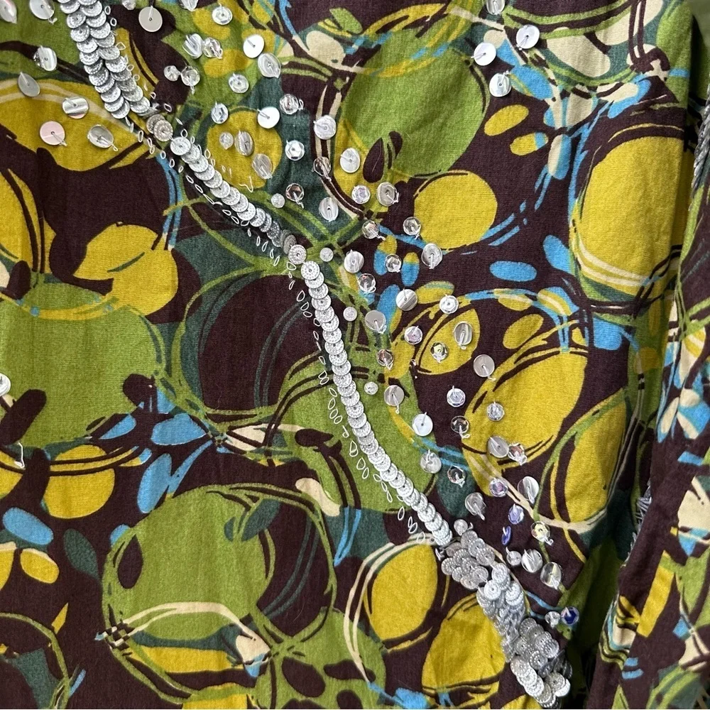 Ideology Silk Overlay‎ Beaded Sequin Skirt Abstract Green Blue Print 22W